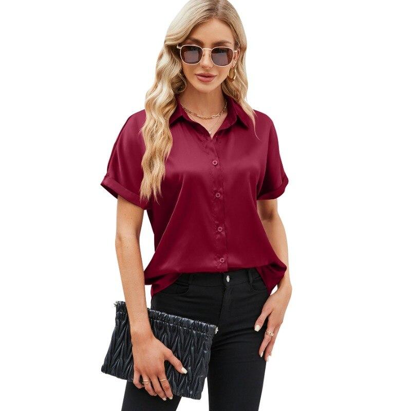 Sommer Kurzarm Satin Hemd Frauen Fashion Solid drehen-unten Kragen Bluse Elegante Beiläufige Lose Büro Damen Tops Blusas 28495