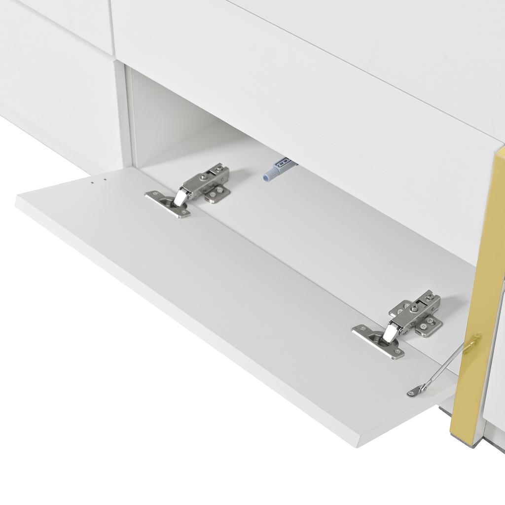 Luxurious TV Stand, High-Gloss Finish, Gold-Colored Edges, With Drawers and Doors, Modern Style, Provides a lot of Storage Space for the Living Room