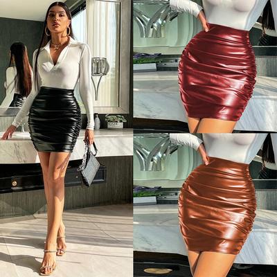 Women Fashion Solid Color High Waist Belt Faux Leather Bodycon Zips Mini Skirt