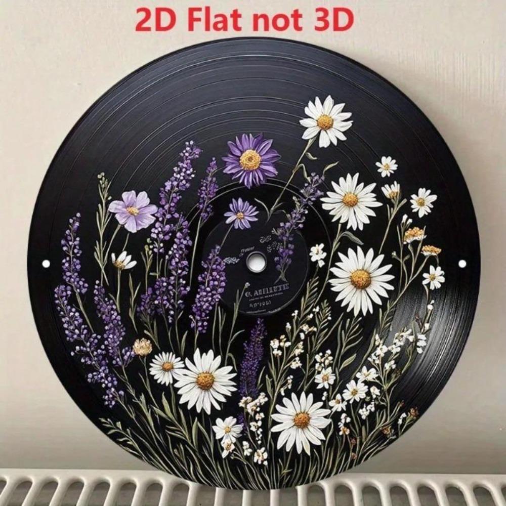 Vintage Floral Record Metal Wall Art 8x8 Inch Round Aluminum Sign Black