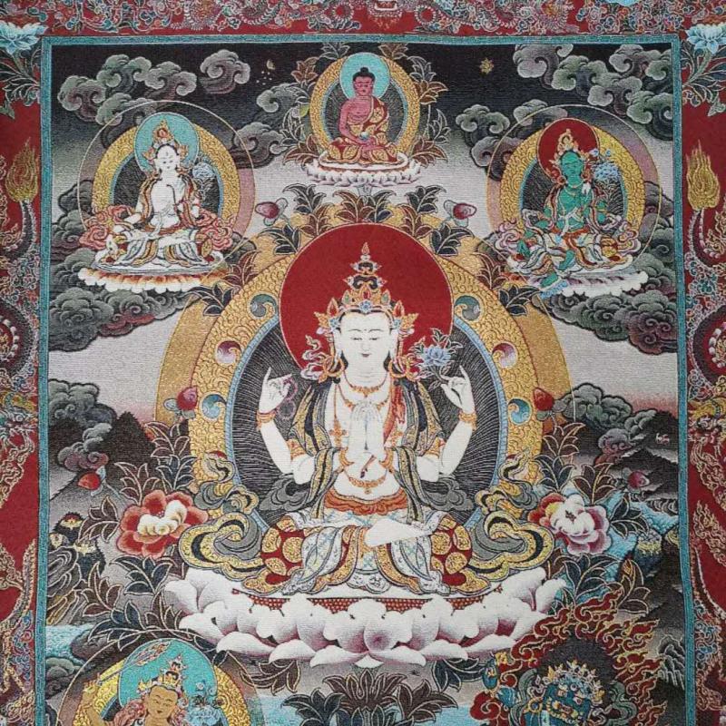 36" Tibet Tibetan Cloth Silk 4 Arm Guanyin Kwan-Yin Tangka Thangka Mural