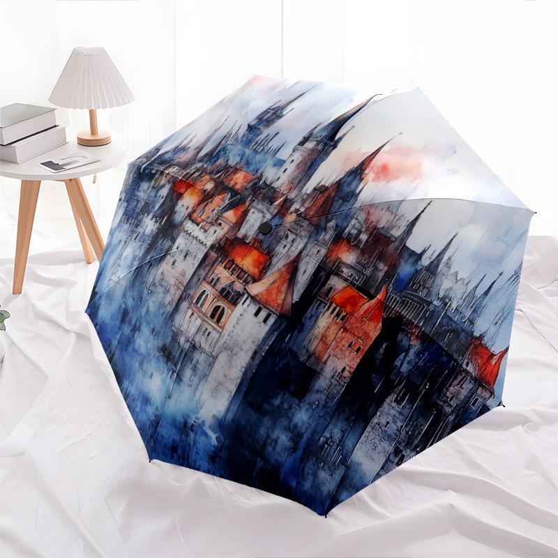 

Castle pattern, automatic folding umbrella, portable and foldable design, 8 ribs, a Christmas or birthday gift.