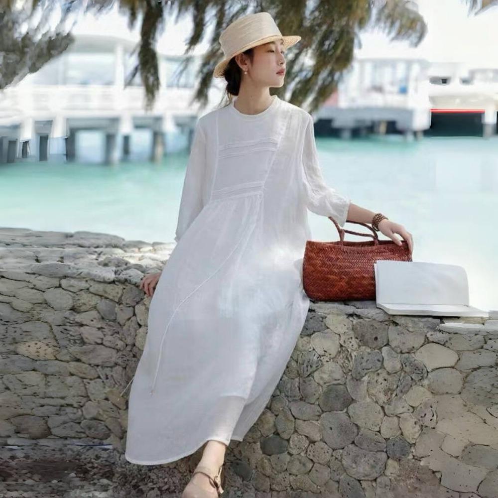 LYRIA Ramie White Dress Elegant Femme Spring Summer Double Layered Mid Length Dress for Women Y2K