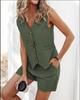 Women's Khaki Sleeveless Vest Set with Metal Buttons and Pockets, Matching Shorts, Casual Outfit In Blue, Black, Light Gray, Green