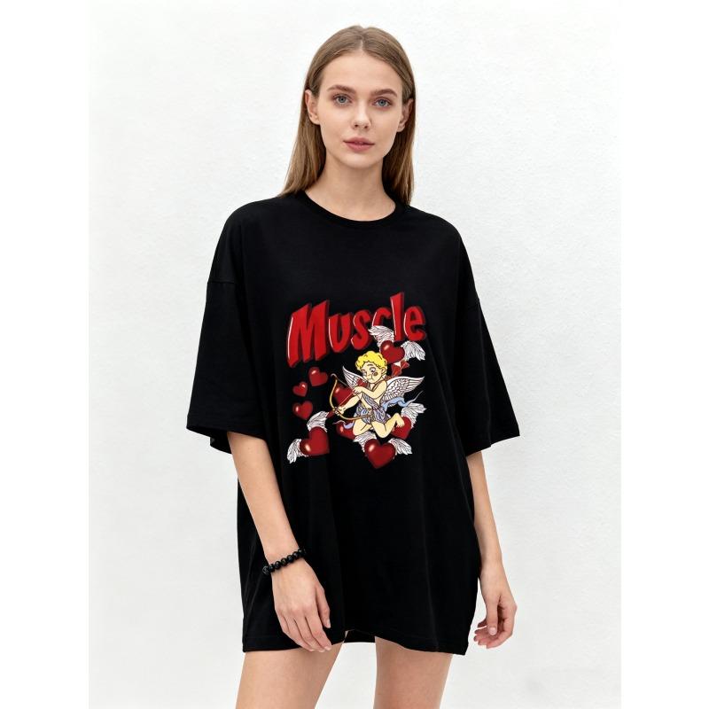 

Черная футболка оверсайз с принтом мускулистого Купидона с сердечками, повседневная уличная одежда для женщин XXXXL чёрный