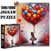 500/1000pcs Paper Jigsaw Puzzles, Little Girl Holding Heart-Shaped Balloon Bouquet, Dreamy Scene Surrounded by Colorful Hearts, Large Puzzle Toy Exqui
