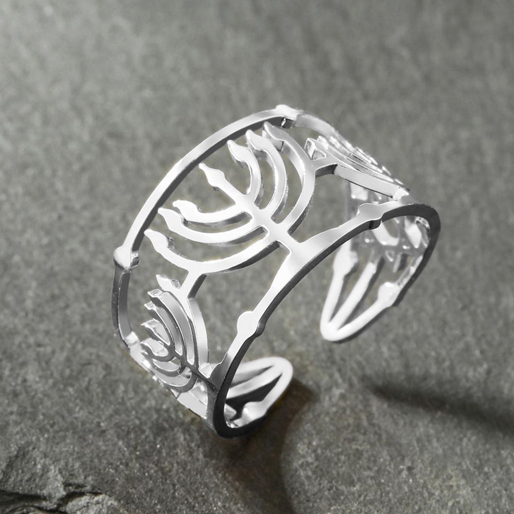Dawapara Jewish Menorah Ring Jerusalem Symbol Hanukkah Chanukah Gift Judaic Jewelry Stainless Steel Adjustable Rings
