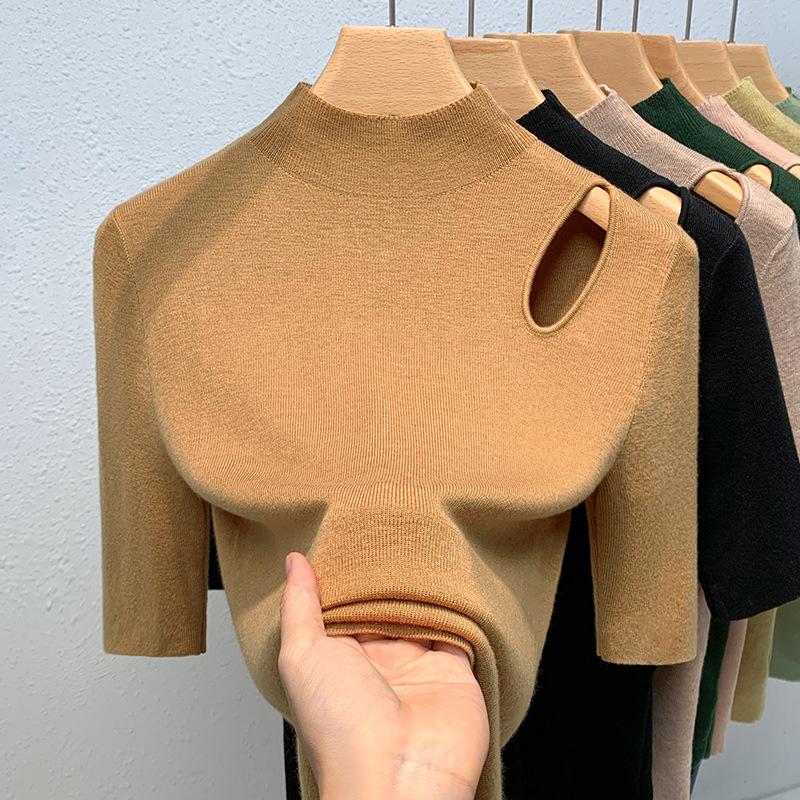 Half Turtleneck Knitted Sweater Women's New European Women's Clothing Sexy Pullover Sweater Temperament Five-quarter Sleeve Top