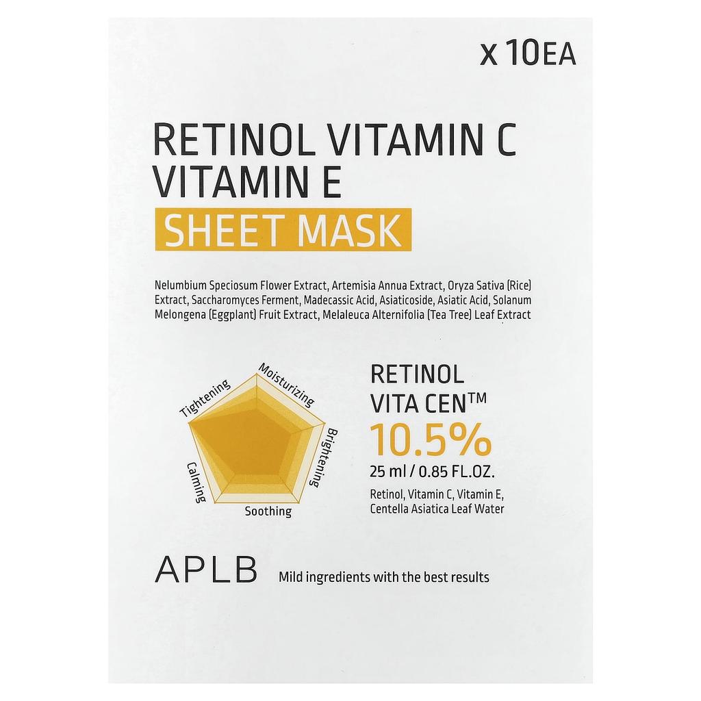 APLB Retinol Vitamin C Vitamin E Beauty Sheet Mask, 10 Sheets, 25ml (0.85 fl oz) Each