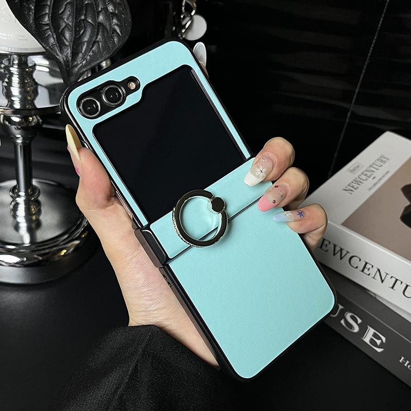 Suitable for Samsung Z Flip6 mobile phone case Z Flip5 simple solid color plain leather pattern ring buckle anti-drop protective case