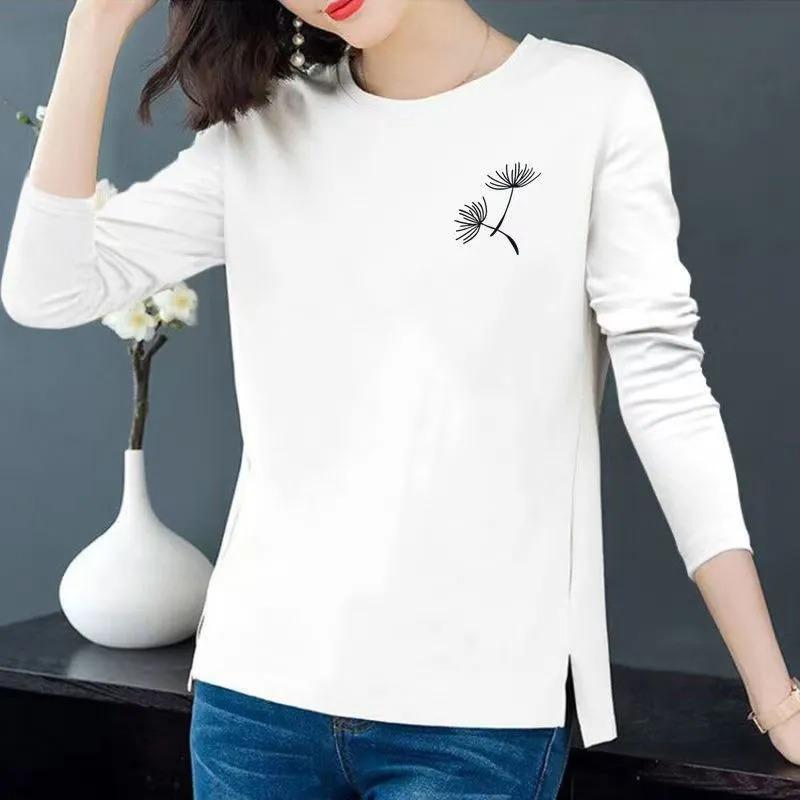 Women's Dandelion Print Long Sleeve T-shirt Casual Loose Crew Neck Side Split Top