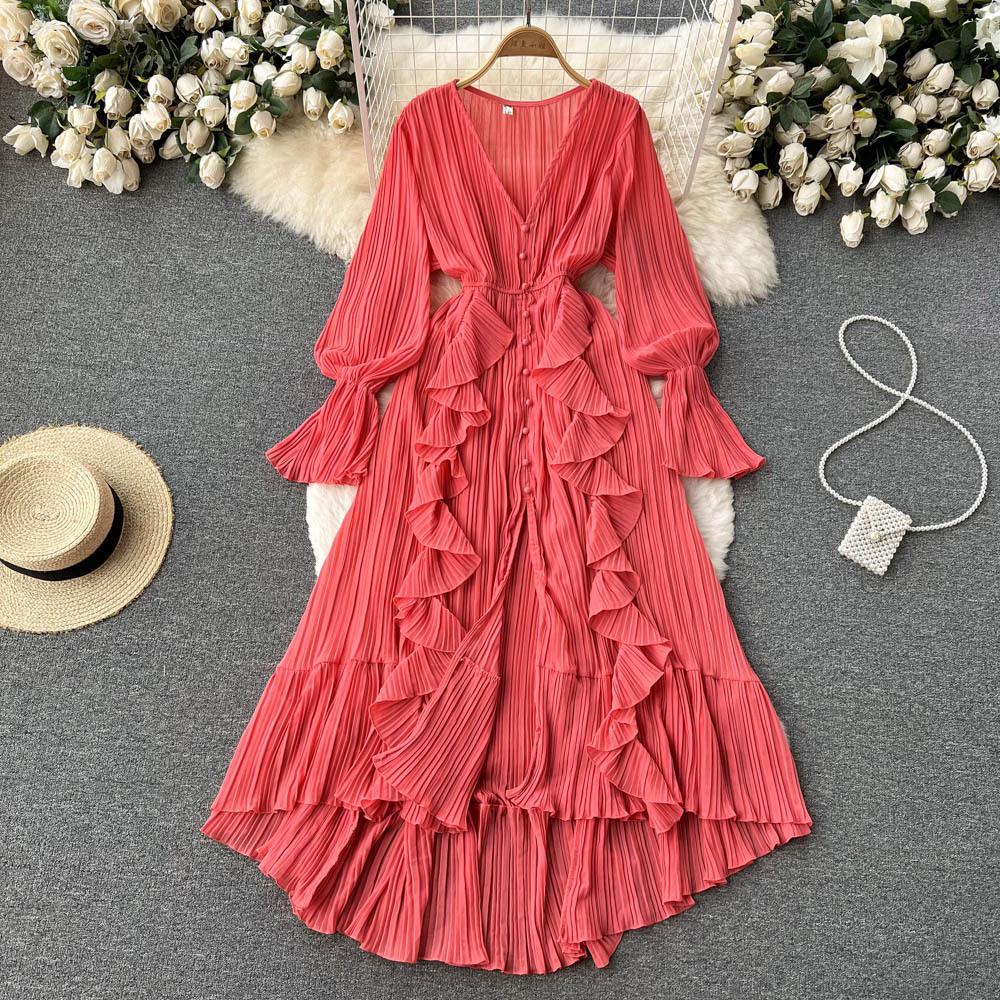 Super Fairy Seaside Vacation Chiffon Long Dress Women's Lotus Leaf Lace V-neck Temperament Pleated Waist Thin Pendulum Dress