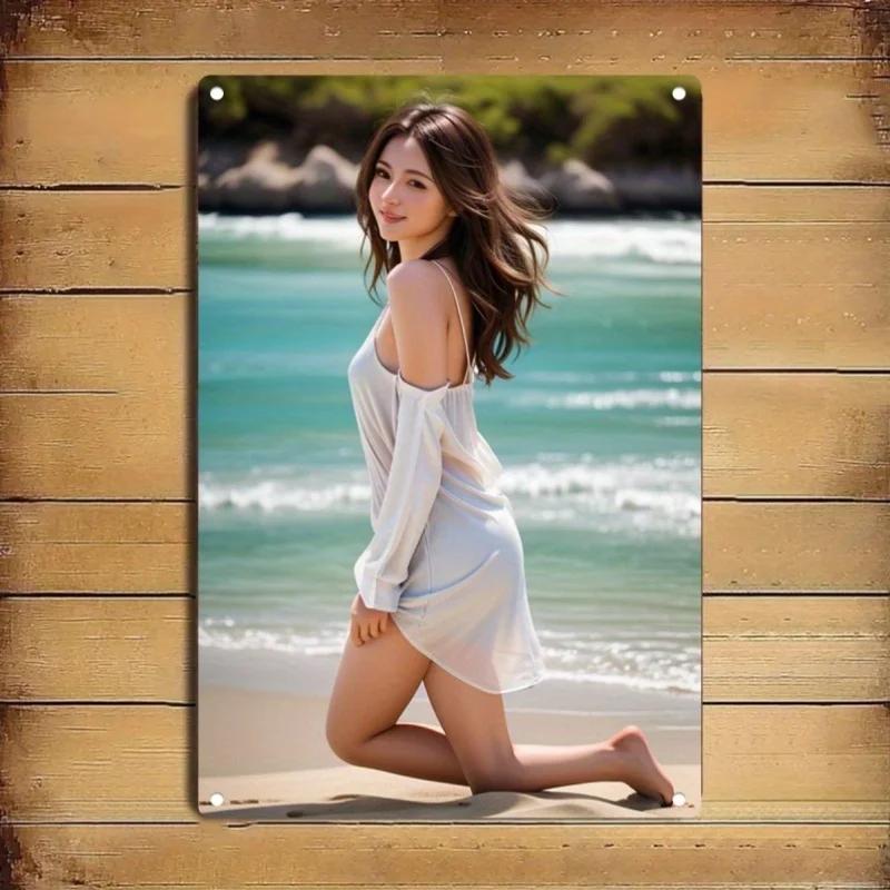RETRO Advertising Sign Wall Art, Vintage Metal Sign Rustic Beach Decor, Elegant Woman in White Dress 2D Flat Wall Plate