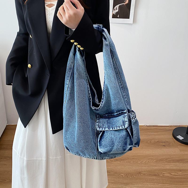 Borse a Gilet da Spalla in Denim Retrò per Donna Stile Semplice Pigro Borsa a Mano da Donna Tote Grande Capacità Studenti Universitari Ragazze Borsa a Secchiello