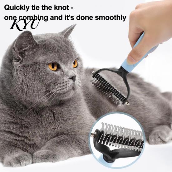Cat Hair Remover Double-Sided Pet Detangling Rake, Dog Undercoat Rake with Rounded Blades, Grooming Supplies Shedding Brush Comb for Long Dogs,