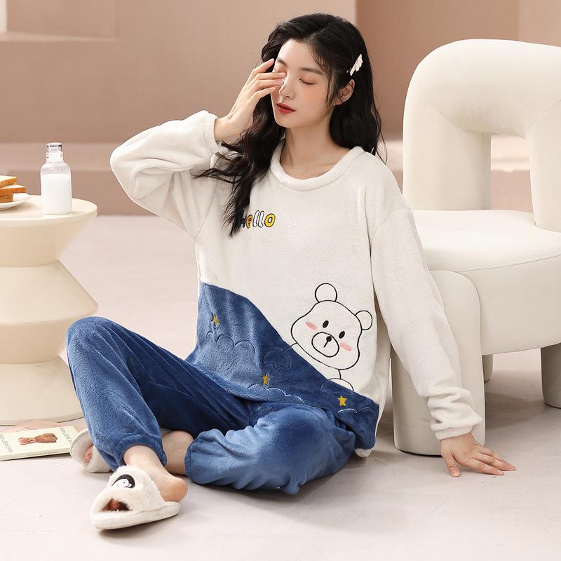 Winter Thickened Warm Flannel Women Pajamas Loungewear Long-Sleeved Two-Piece Cartoon Bear Coral Velvet Girl Sleepwear Homewear