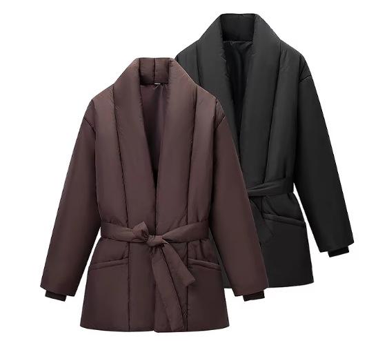 European and American style wholesale women's fashionable versatile elegant simple solid color lace-up loose warm cotton jacket