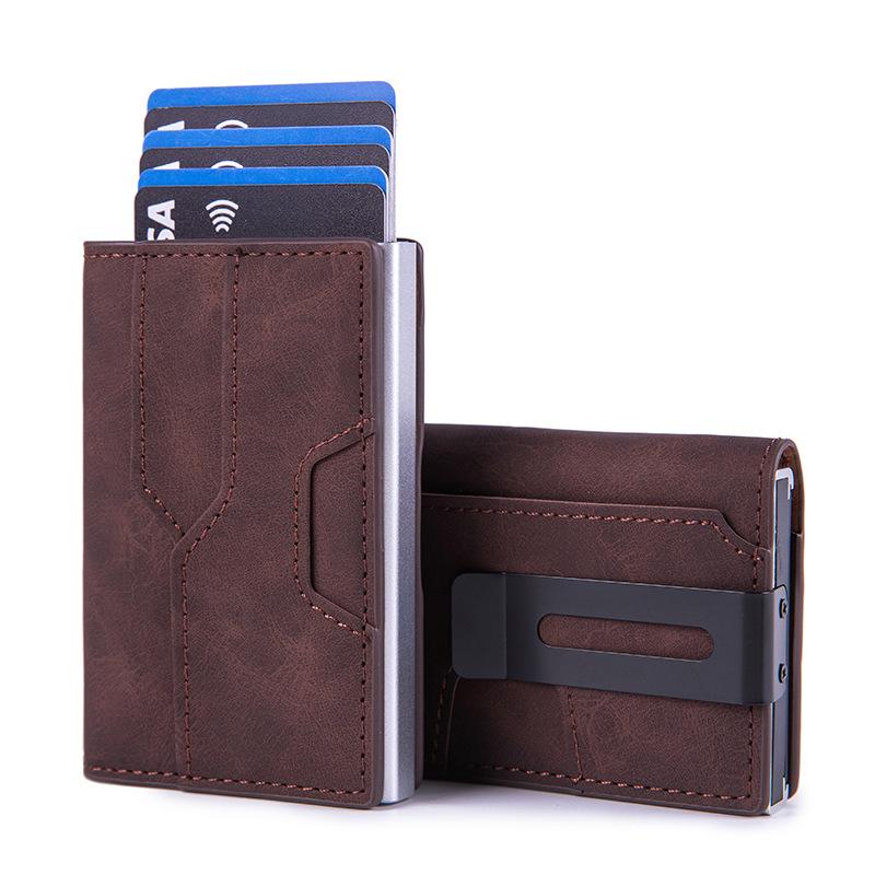 Luxury Men RFID Blocking Card Holder Smart Wallet Carbon Fiber Minimalist Bifold Pop Up Aluminum Credit Card Case with ID Window