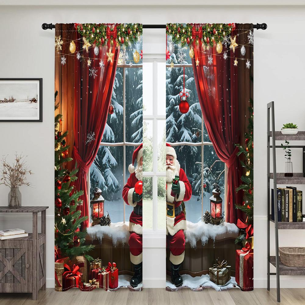 2 Pieces, Santa Claus Christmas Tree Retro Curtains -30% Blackout - Suitable for Living Room, Bedroom, Kitchen, Home Decoration