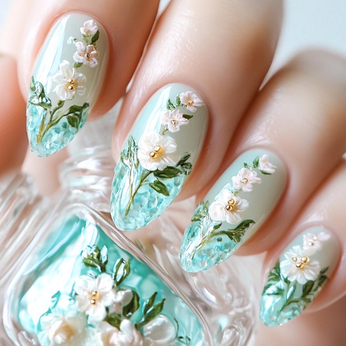 

Almond-Shaped Green Floral Leaf Reusable Nail Tips