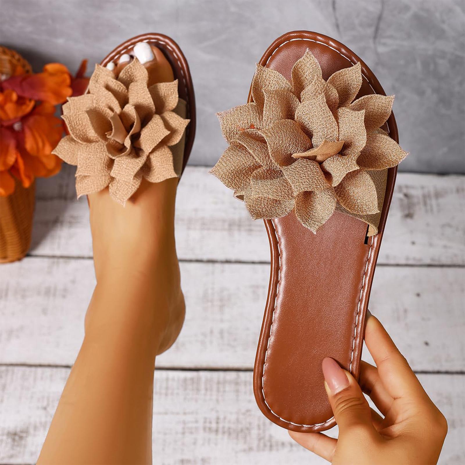

Ladies casual and fashionable flat bottomed flower shaped slippers, lightweight cloth surface slippers for wearing the outside 42 хакі