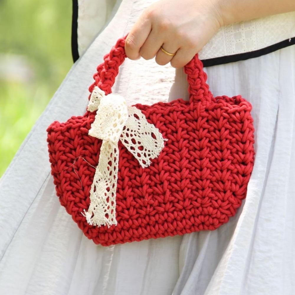 Lace Bowknot Beach Straw Bag Large Capacity Bucket Bag Trendy Braided Underarm Bag  Travel