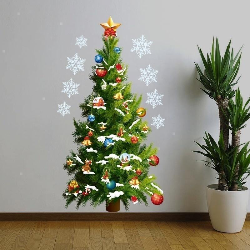 Snowflake Christmas Tree Wall Stickers Green Christmas Tree Self-adhesive Wall Stickers Christmas Party Home Decoration Stickers