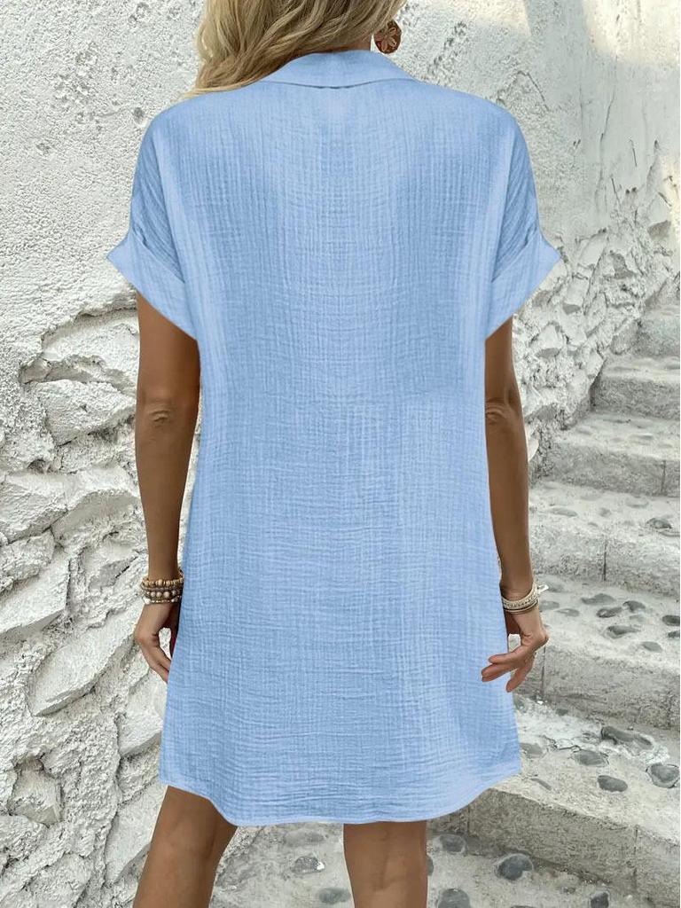 In-Stock European & American Summer Solid Color Casual Lapel Button Shirt Dress for Women