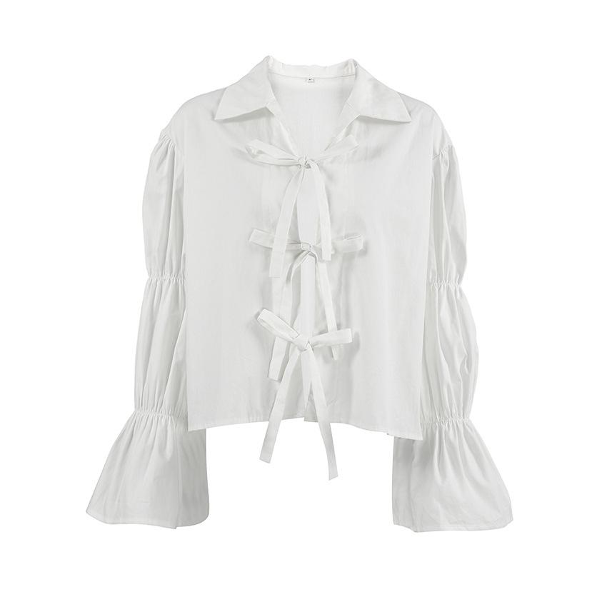 1116 Spring New Commuter White Lace-Up Lantern Sleeve Top Women's Fashion Lapel Long Sleeve Shirt European and American Women's Clothing