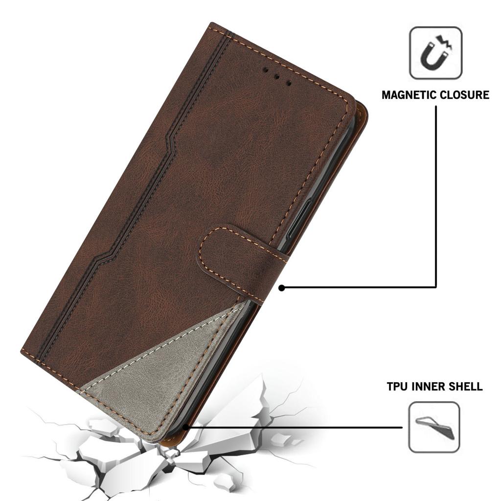 Applicable to iPhone16E leather case 17Pro matte splicing contrasting color card wallet protective case 14plus two-color