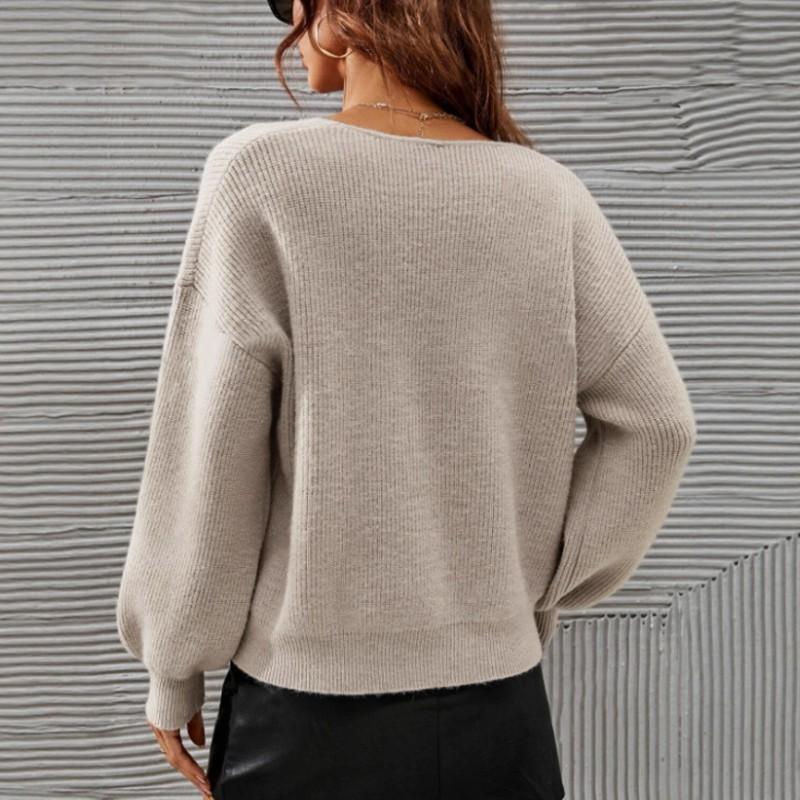 Womens V-Neck Knit Sweater Long Sleeve Loose Fit Solid Color Casual Pullover Office Daily Wear