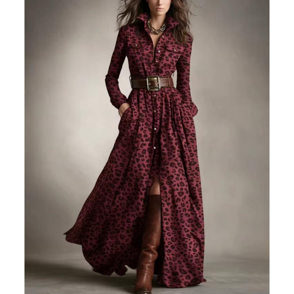 LYRIA French Women's Plaid Dress Shirt Button Cardigan Lapel Fashion Belt Pocket Irregular Design A-line Long Skirt for Female