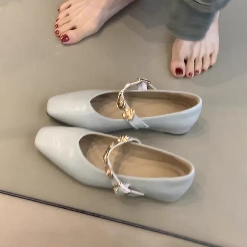 Vintage Square Toe Shallow Mouth Mary Jane Shoes Women One-line Buckle Belt Solid Genuine Women Single Shoes All Match
