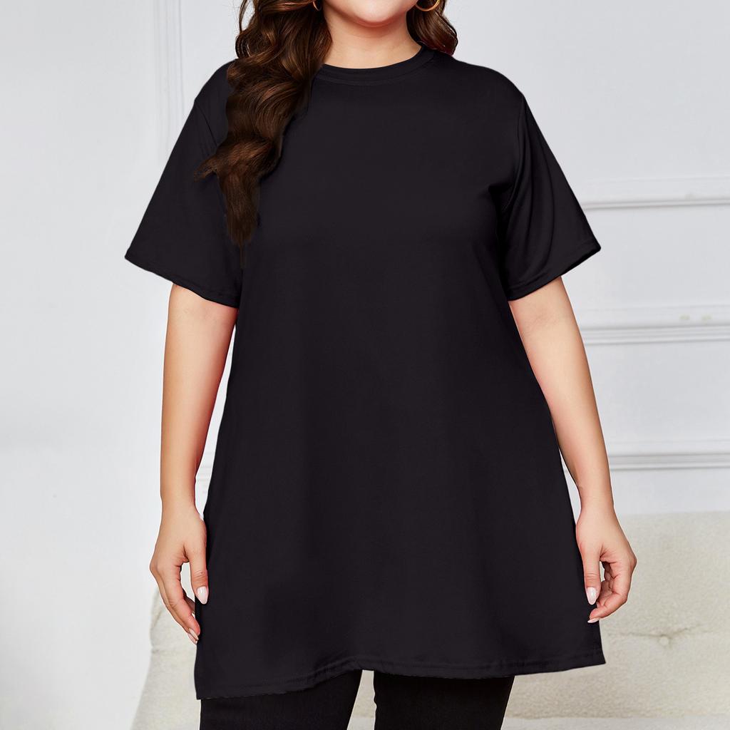 Women's Plus Size Slit Long T,shirt Round Neck Casual Loose Short Sleeved Top