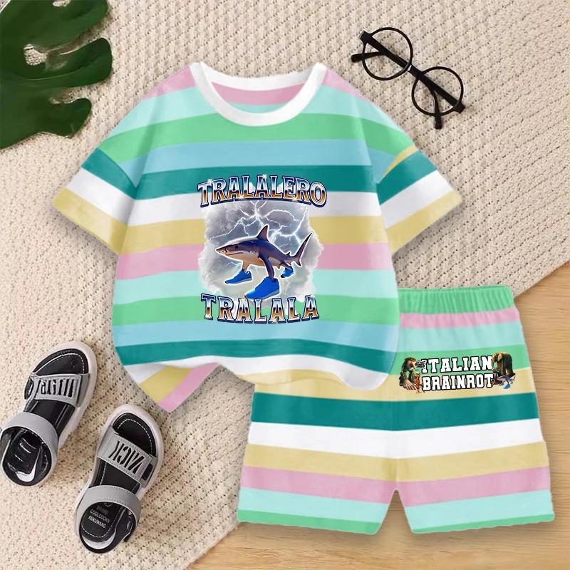 Boys Summer Striped Outfit Set Kids Cartoon Animal Print Short Sleeve T-shirt and Shorts for Play Outdoor