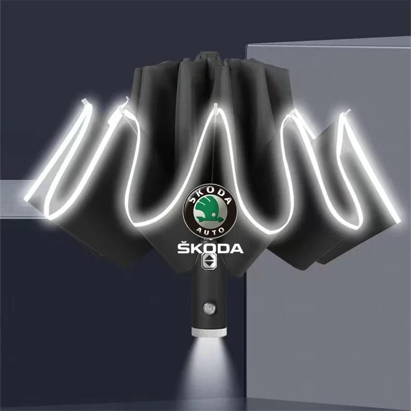 Car Sticker Automatic Umbrella with Reflective Stripe Reverse Led Light For Skoda Octavia Superb Fabia Kamiq Karoq Kodiaq Scala