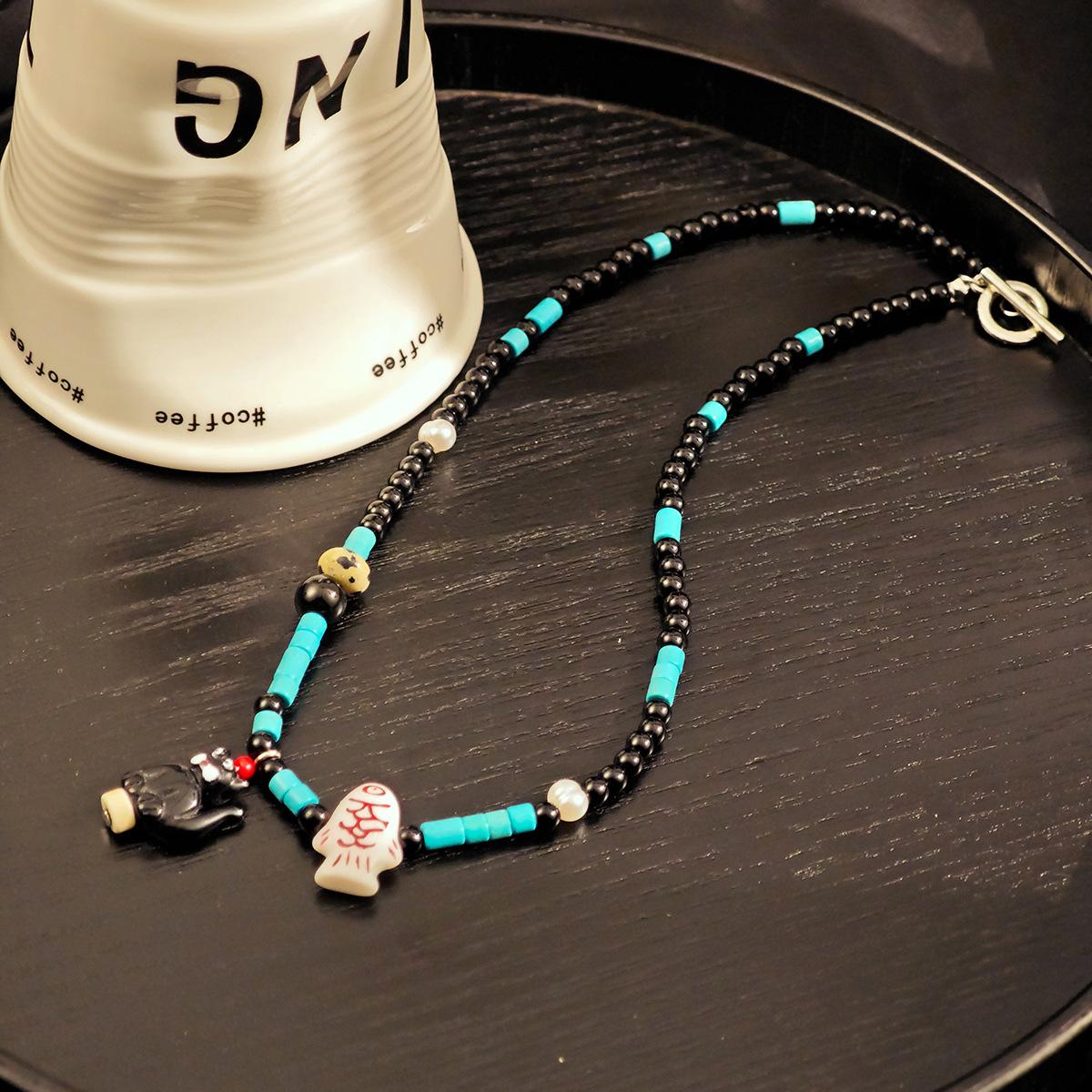 

Beaded Cartoon Cute Kitten Loves Fish Collarbone Chain Exquisite Temperament High Sense Pendant Necklace Female