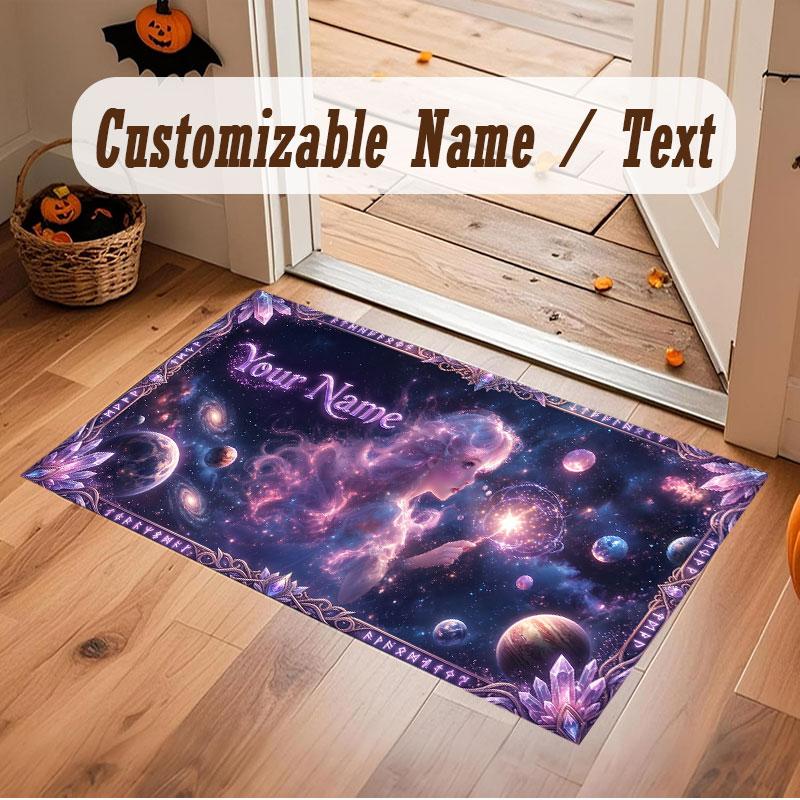 Space Cosmic Theme Crystal Velvet Floor Rug Personalized Custom Name Text Warm Carpet Home Decoration