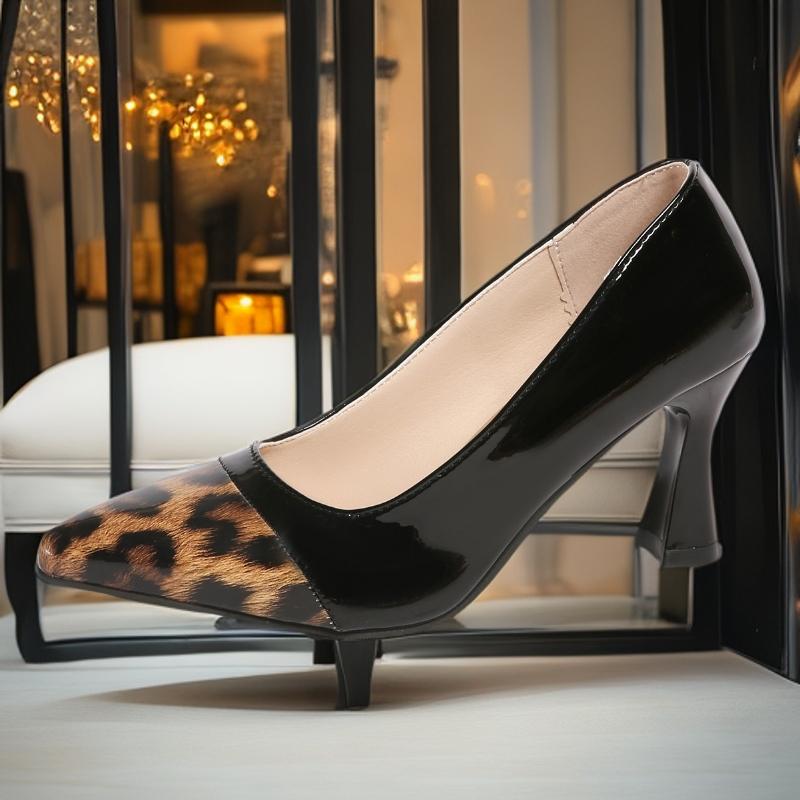 

Colorblock Leopard Print Shallow Heels 2026 New Pointed Toe Sexy Fashion Single Shoes Plus Size 35 чёрный
