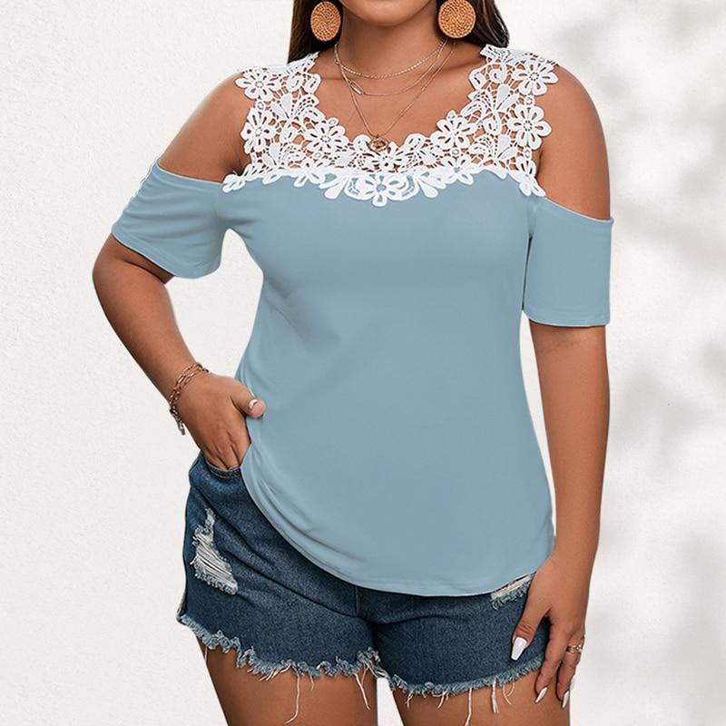 

Лето 4XL, простая кружевная лоскутная рубашка с открытыми плечами, женская блузка 2023, топы с короткими рукавами и открытыми цветами, повседневная женская футболка 28059 4XL синий