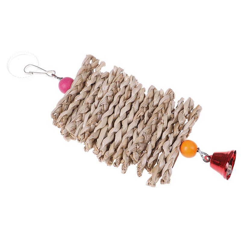 Parrot Bird Toys Natural Wooden Grass Chewing Bite Hanging Cage Bell Swing Climb