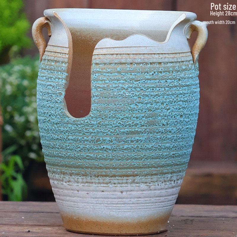 Large Handmade Coarse Pottery Succulent Flower Pot with Shallow Cut Opening