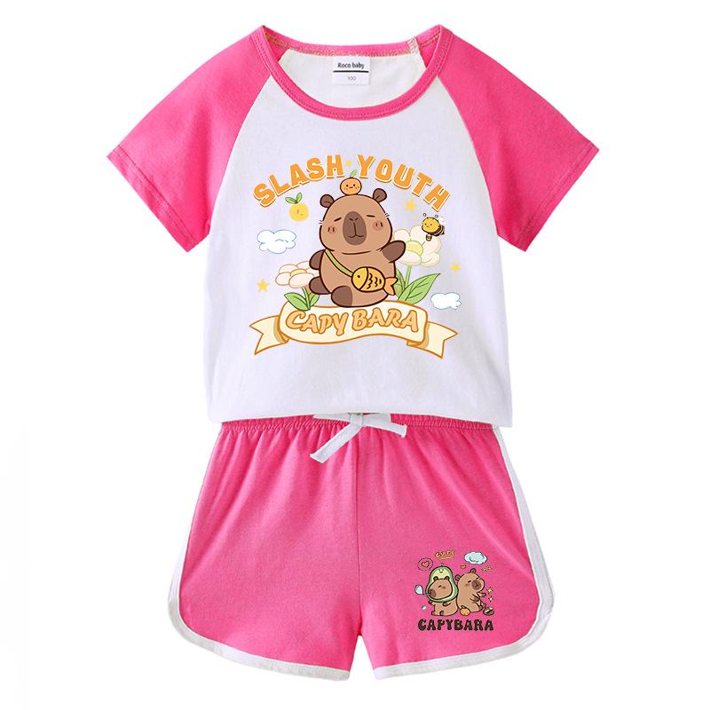 Kids' Summer Color Block Two-Piece Set: Casual T-shirt & Shorts