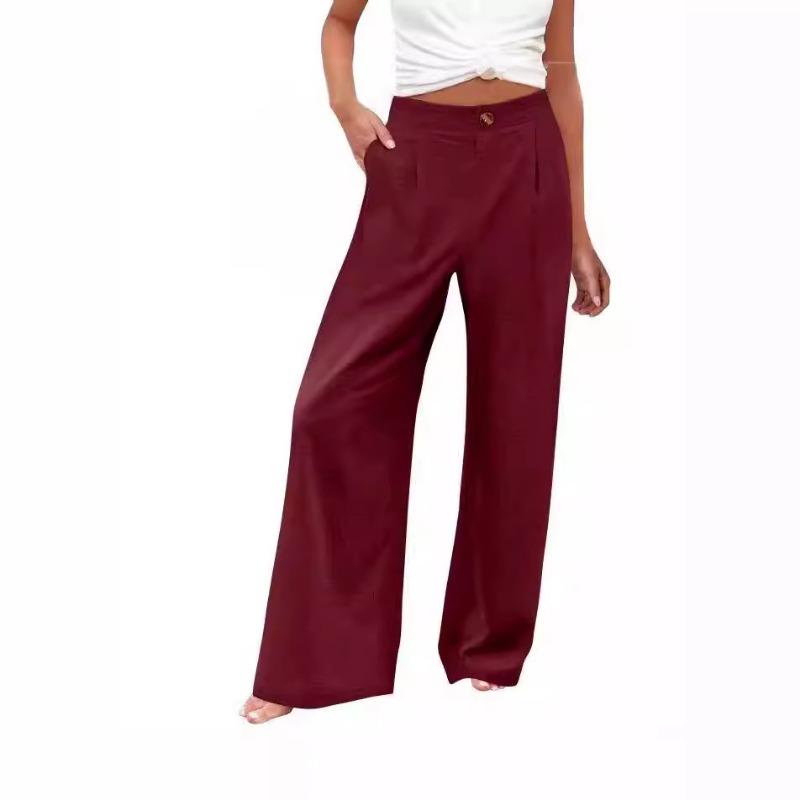 Women Solid High Waist Single Button Front Pleated Loose Wide Leg Comfort Casual Long Trousers