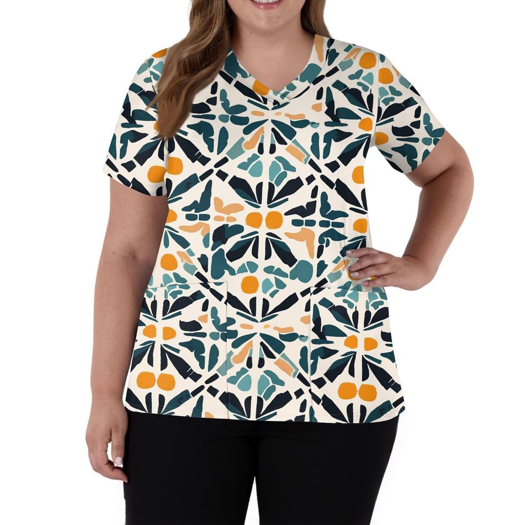 Women's Fashion V-Neck Short Sleeve Overalls With Pockets Print Tops Clothes