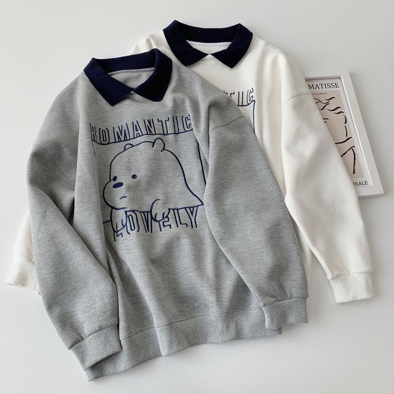 

Korean Style Cartoon Print Polo Collar Sweatshirt for Spring/Autumn – Youthful Lapel Pullover, Loose Fit M [recommended under 55 kg] білий