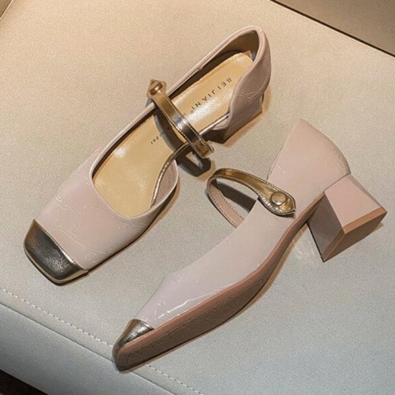 Women's Thick Heel Shoes Spring New Square Head Shallow Mouth Splicing A Word Buckle Waterproof Non-slip Low-top Shoes