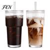 Spülmaschinenfeste Kaffeetasse Geriffeltes Glas mit Deckel und Strohhalm, 600ml Großes Fassungsvermögen Eiskalter Wiederverwendbarer Becher, Kaltgetränk für Zuhause Büro Reise Gebrauch Freundlich