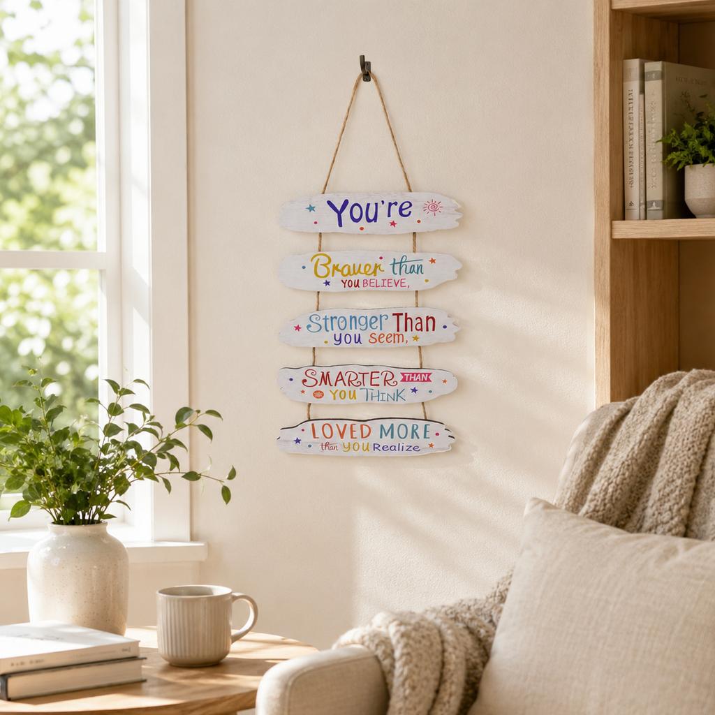 Wooden Hanging Sign with Quote for Home Wall Decor - Motivational Room Decoration with Rope