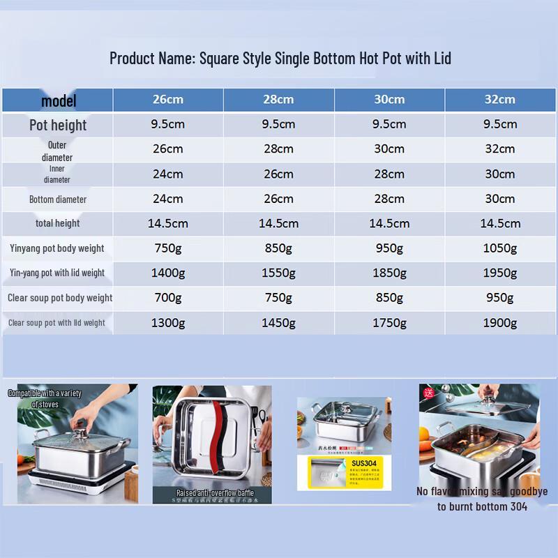 Maidekai čtvercový horký hrnec z nerezové oceli 304 s víkem